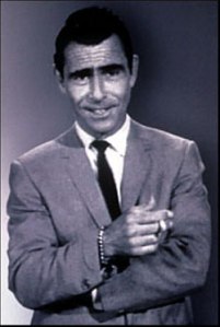 Rod Serling smiling with cigarette Twilight Zone intro