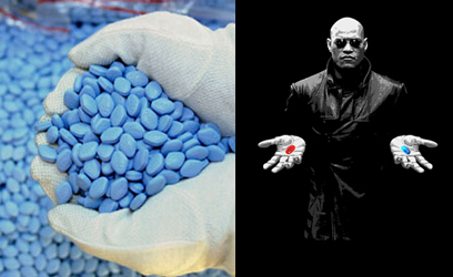 Handful of viagra and picture of Morpheus from The Matrix, holding the red and blue pills