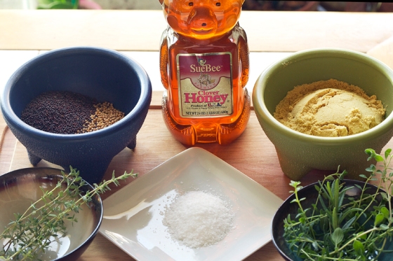 honey mustard seeds dry mustard powder kosher salt thyme herbs